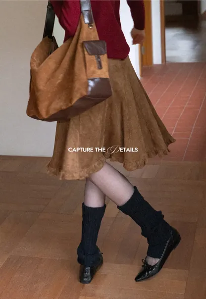 Ruffled Hem Suede A-Line Skirt