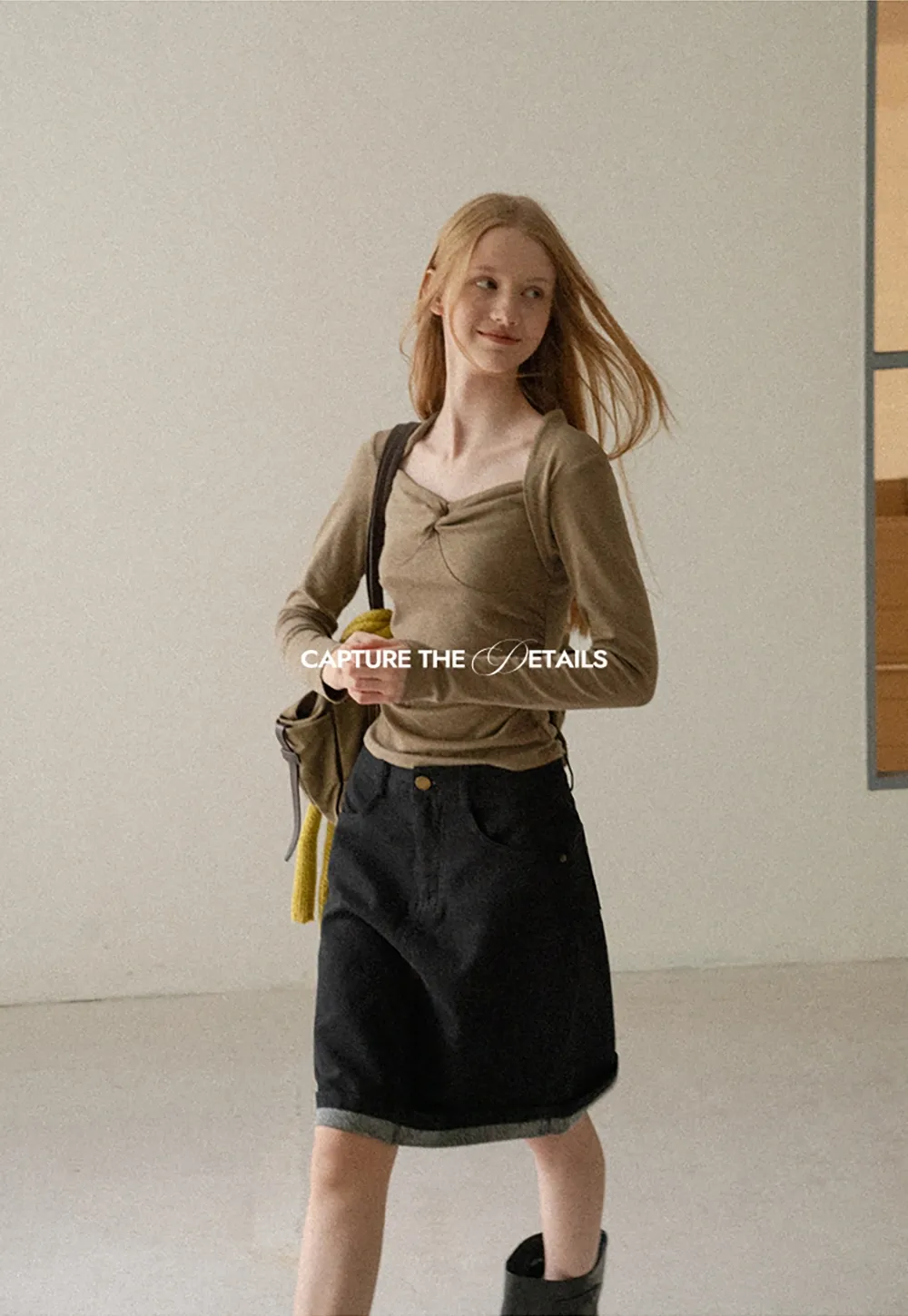 Rolled Hem Denim A-Line Skirt