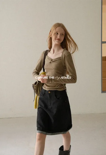 Rolled Hem Denim A-Line Skirt
