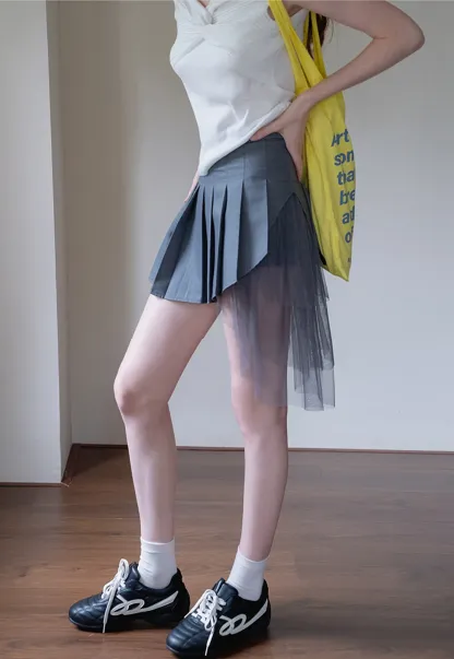 Women’s Asymmetric Tulle-Layer Pleated Mini Skirt