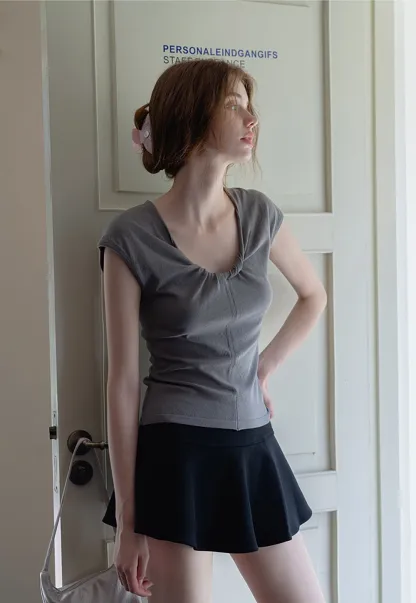 Women’s Ruched Front Slim Fit Cap Sleeve Top
