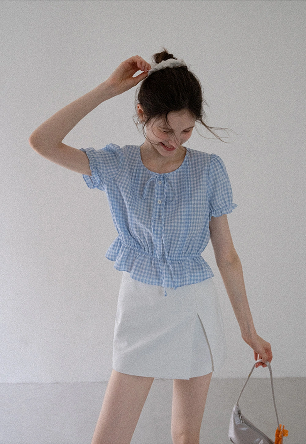 Women's Short Sleeve Peplum Blouse with Bow Tie