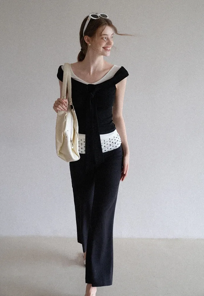 Polka-Dot Foldover Waist Flared Pants