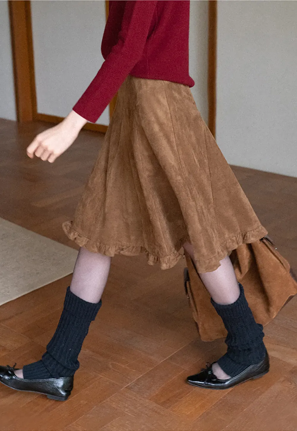 Ruffled Hem Suede A-Line Skirt