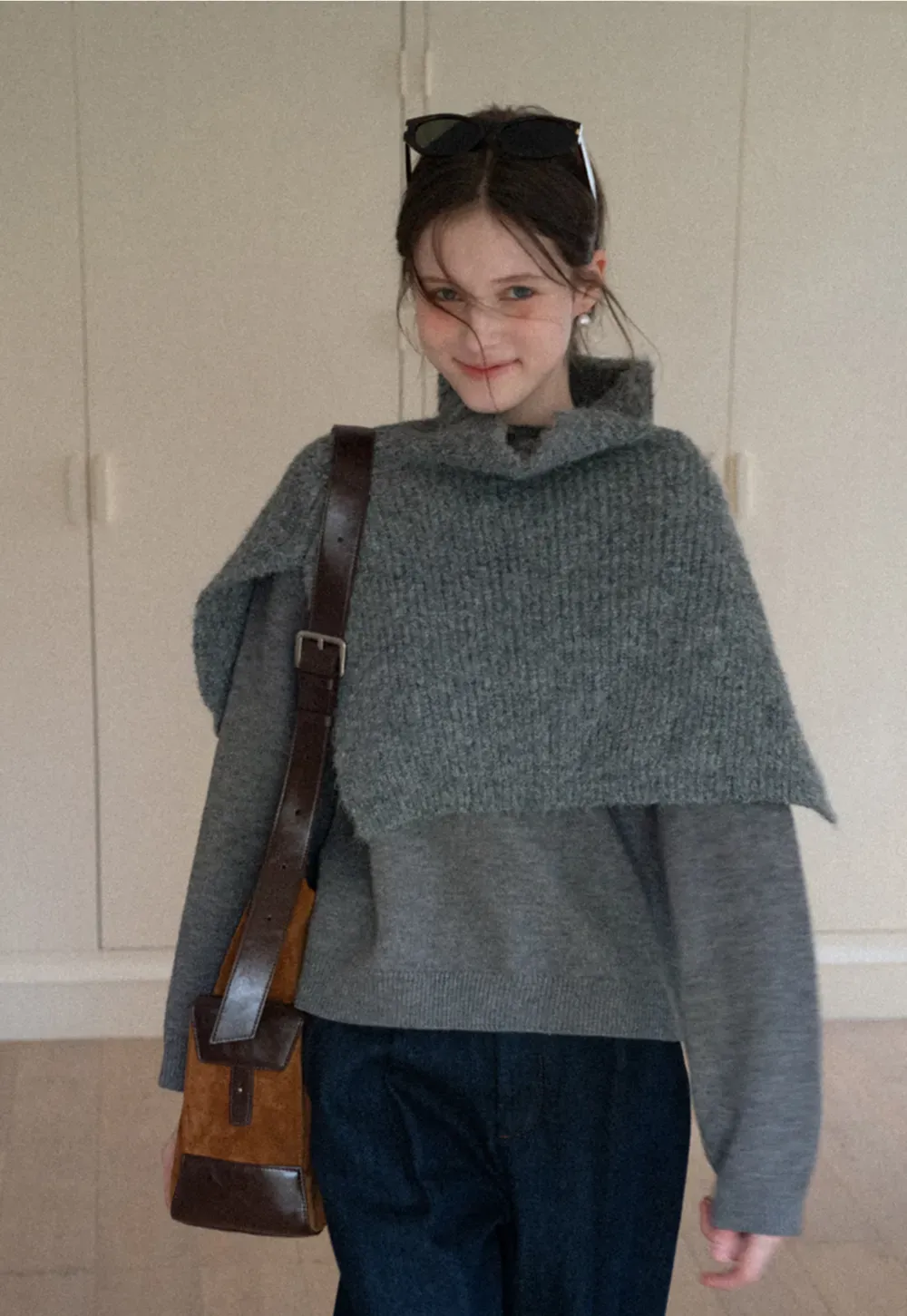 Layered Shawl Neck Knit Sweater