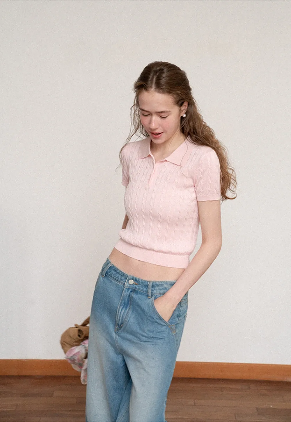 Polo Collar Ribbed Knit Short Sleeve Sweater