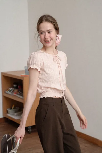 Pleated Short Sleeve Blouse with Ruffled Neckline