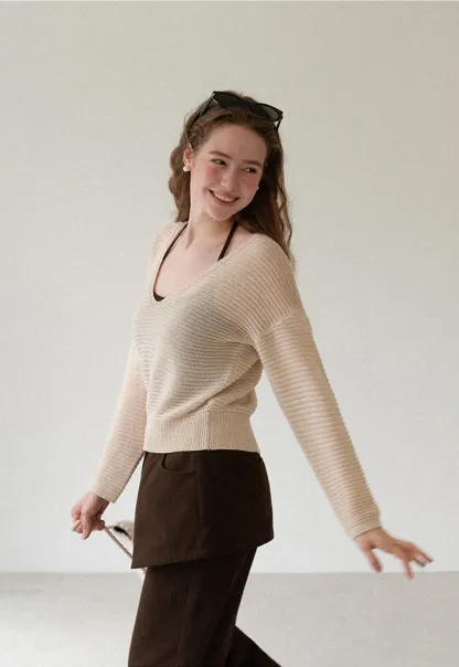 Ladies V‑Neck Knitted Pullover and White Cami Set