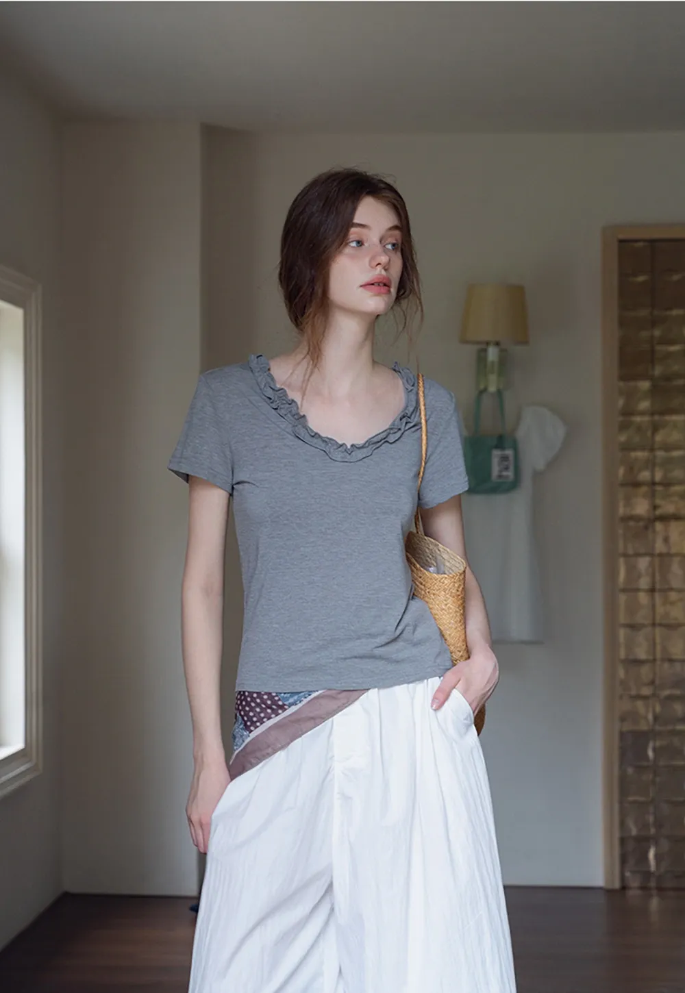 Ruffle Trim V-Neck T-Shirt