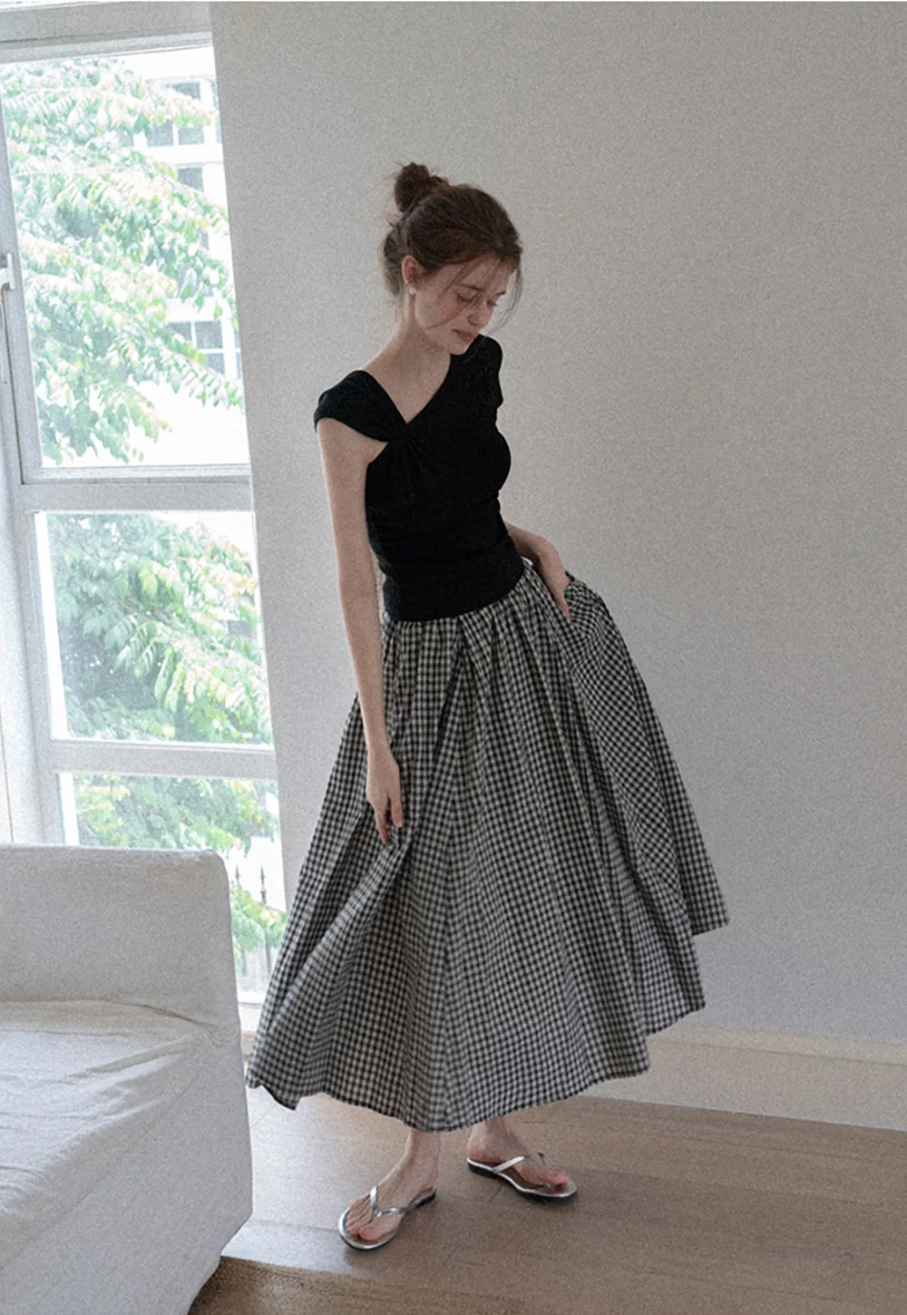 Belted Gingham Pleated Midi Skirt