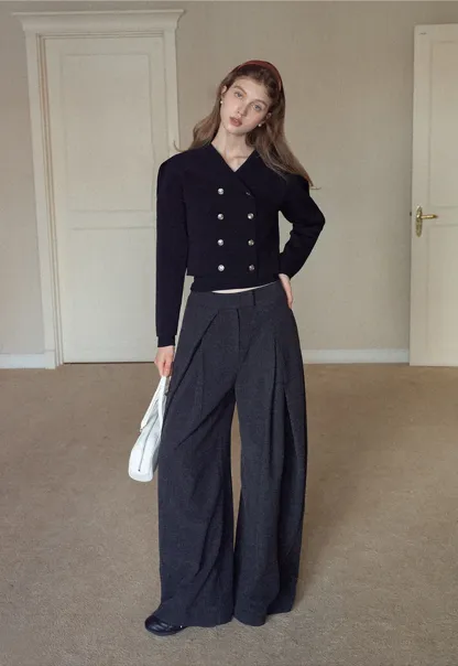 Women High Waist Pleated Wide Leg Trousers