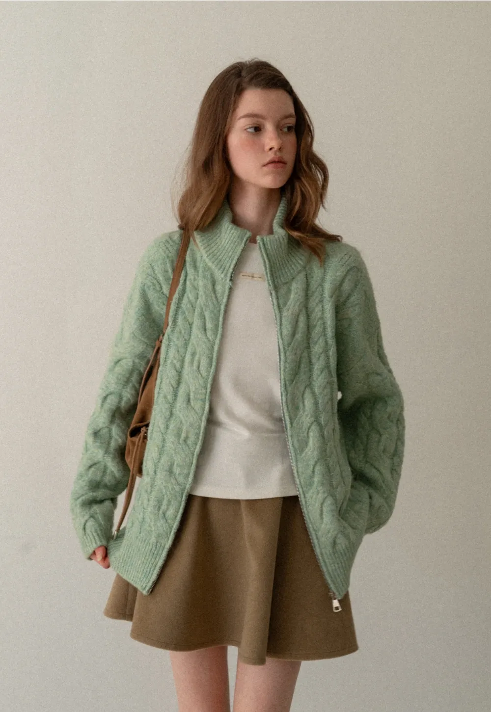 Women Cozy Cable Knit Cardigan with Zipper