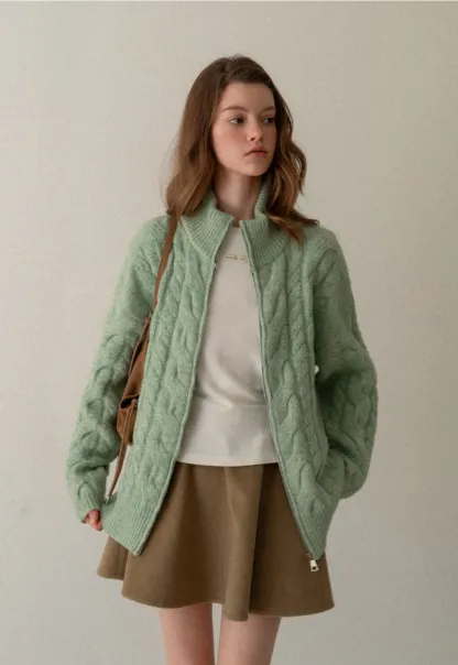 Women Cozy Cable Knit Cardigan with Zipper