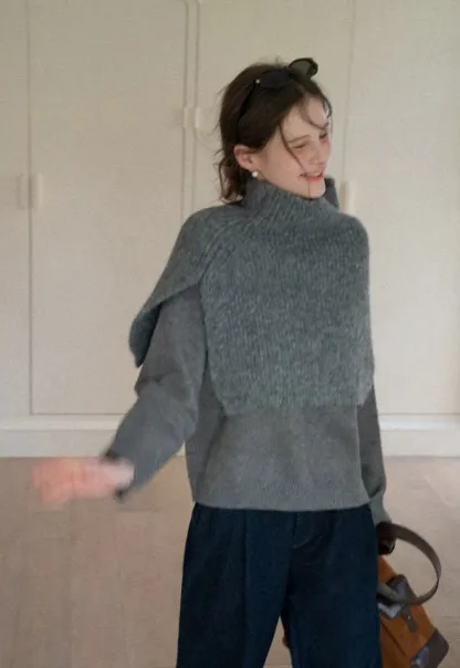 Layered Shawl Neck Knit Sweater