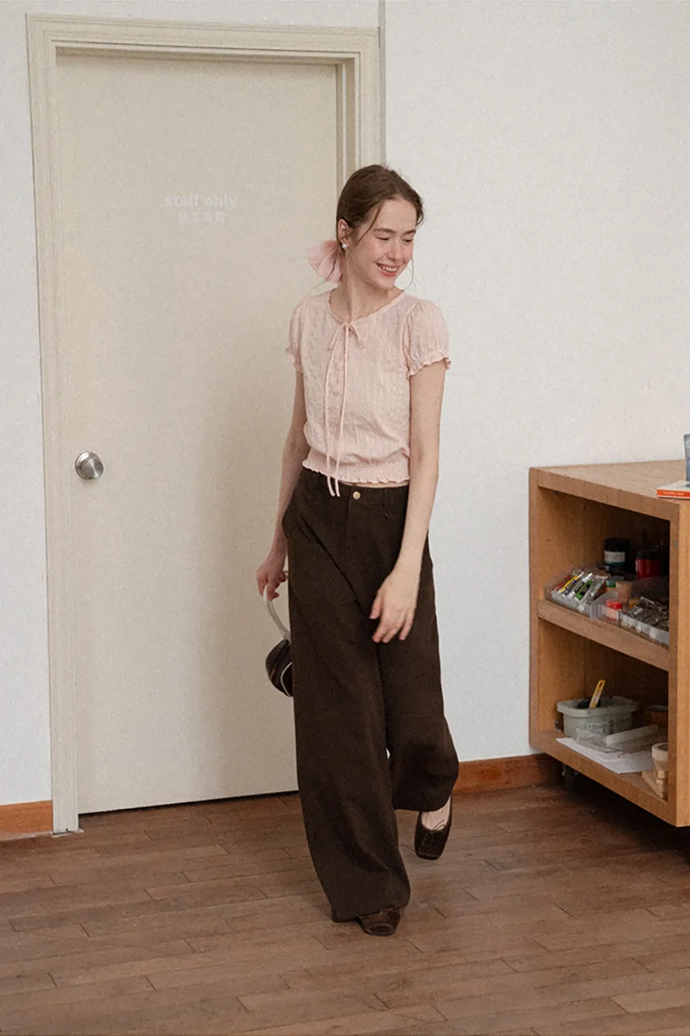 Pleated Short Sleeve Blouse with Ruffled Neckline