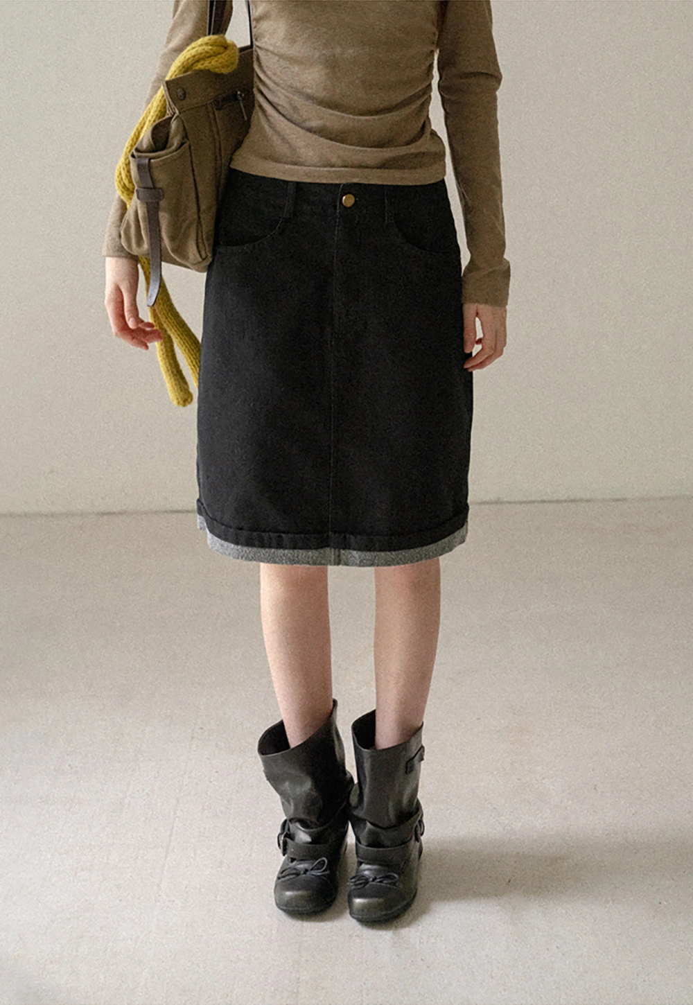 Rolled Hem Denim A-Line Skirt