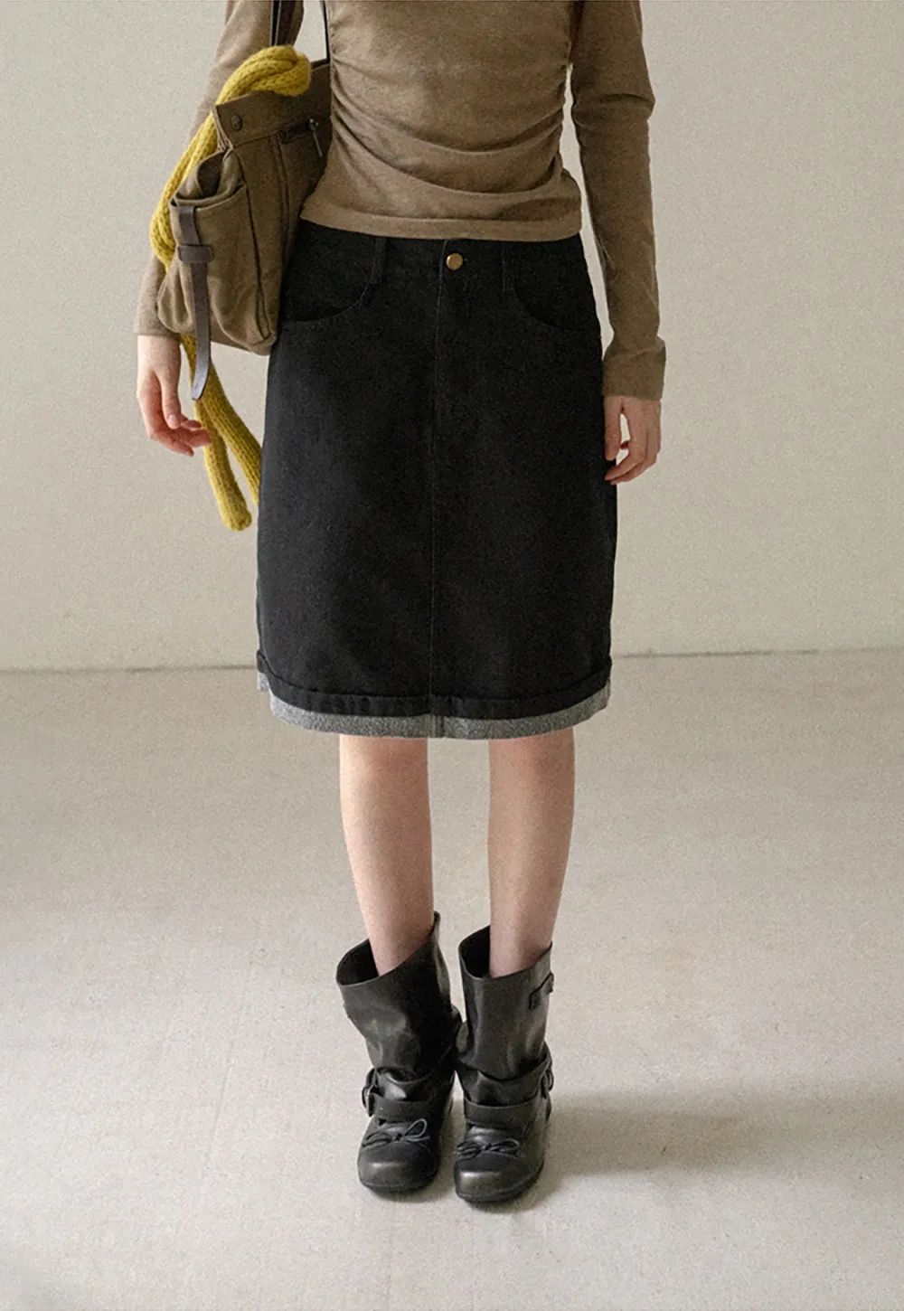 Rolled Hem Denim A-Line Skirt