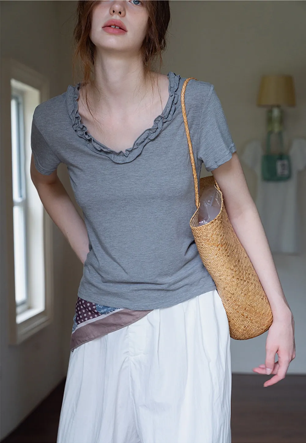 Ruffle Trim V-Neck T-Shirt
