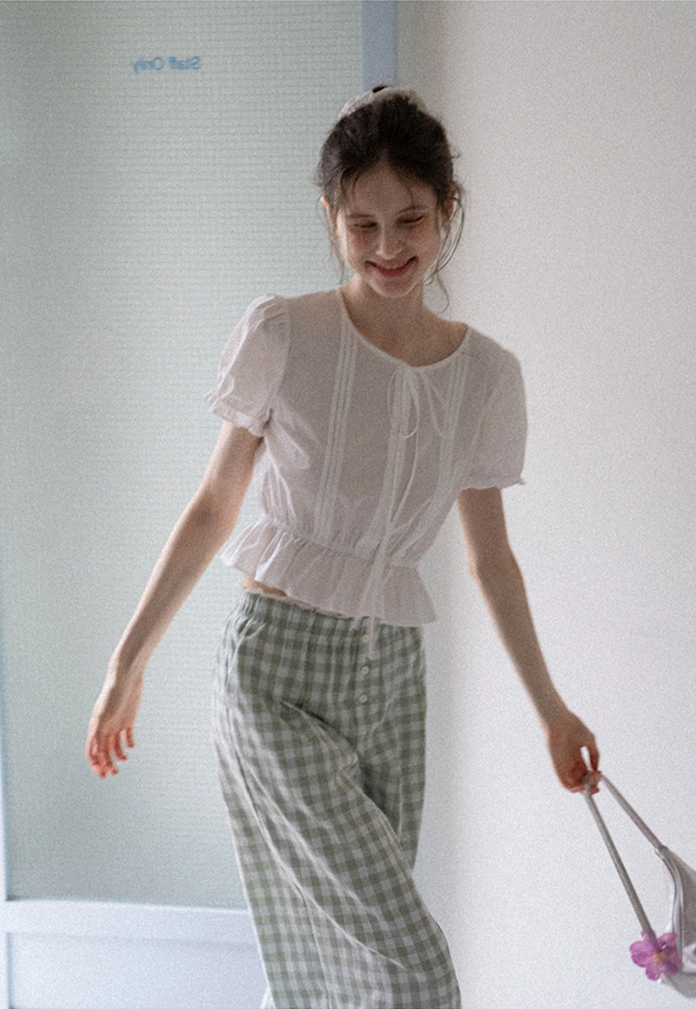 Women's Short Sleeve Peplum Blouse with Bow Tie