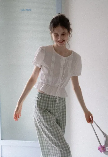 Women's Short Sleeve Peplum Blouse with Bow Tie