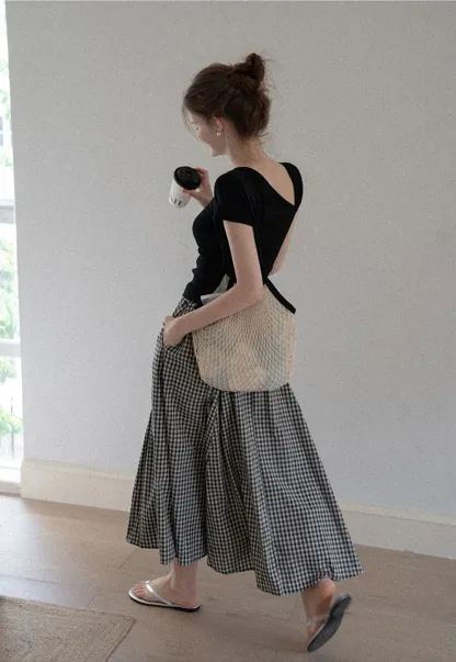Belted Gingham Pleated Midi Skirt
