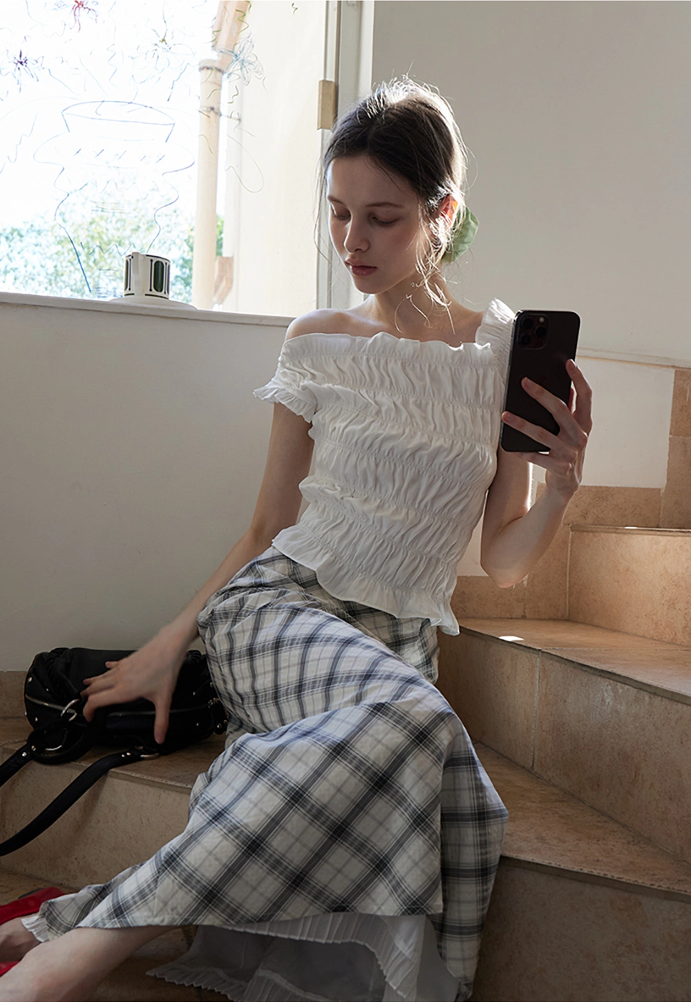 Women’s Off Shoulder Ruffled Shirred Top