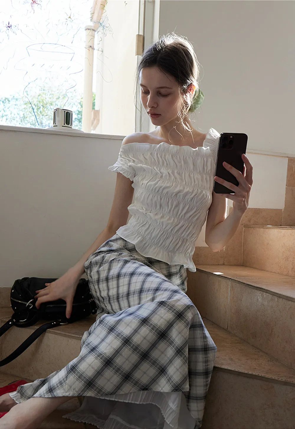 Women’s Off Shoulder Ruffled Shirred Top