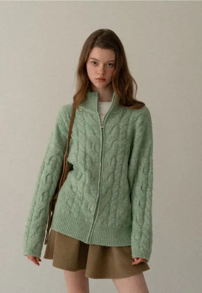 Women Cozy Cable Knit Cardigan with Zipper