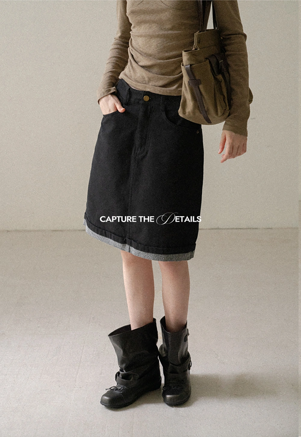 Rolled Hem Denim A-Line Skirt