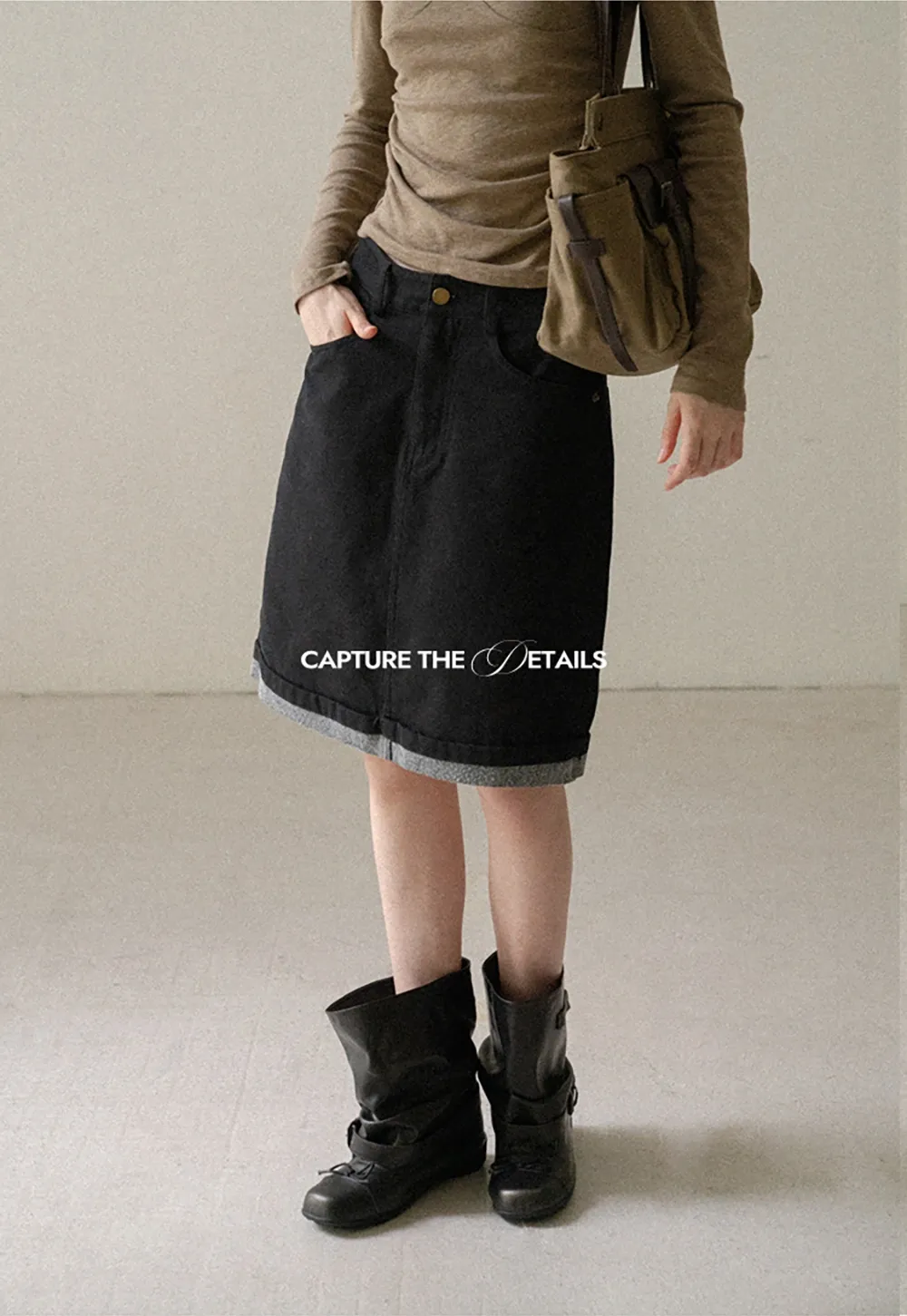 Rolled Hem Denim A-Line Skirt