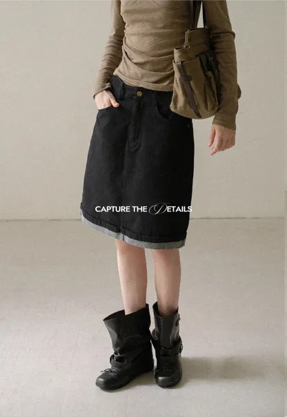 Rolled Hem Denim A-Line Skirt