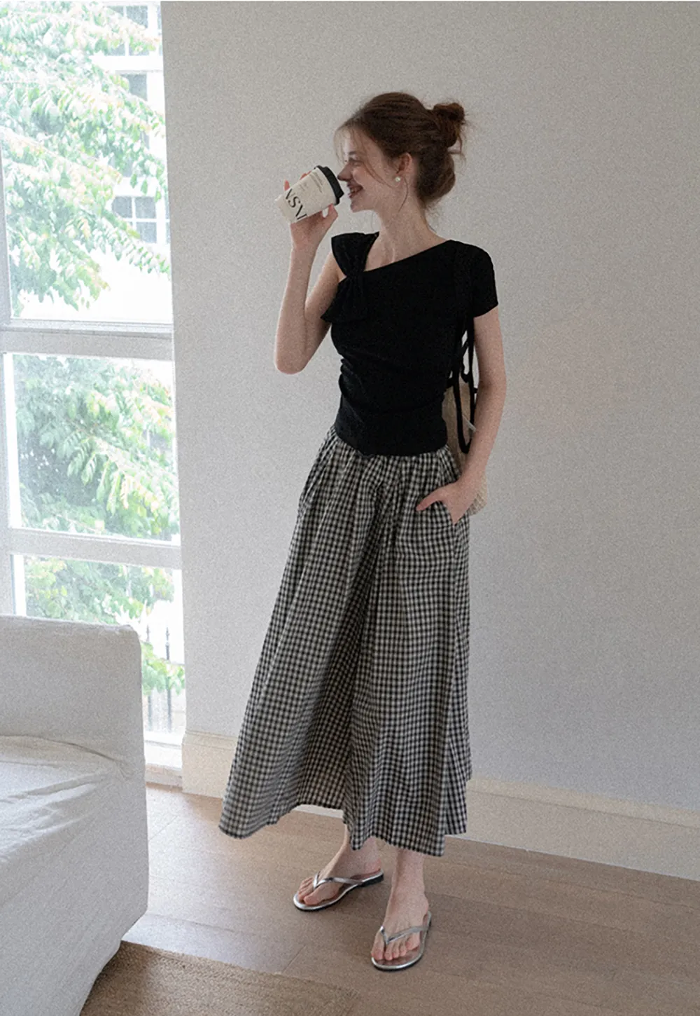 Belted Gingham Pleated Midi Skirt