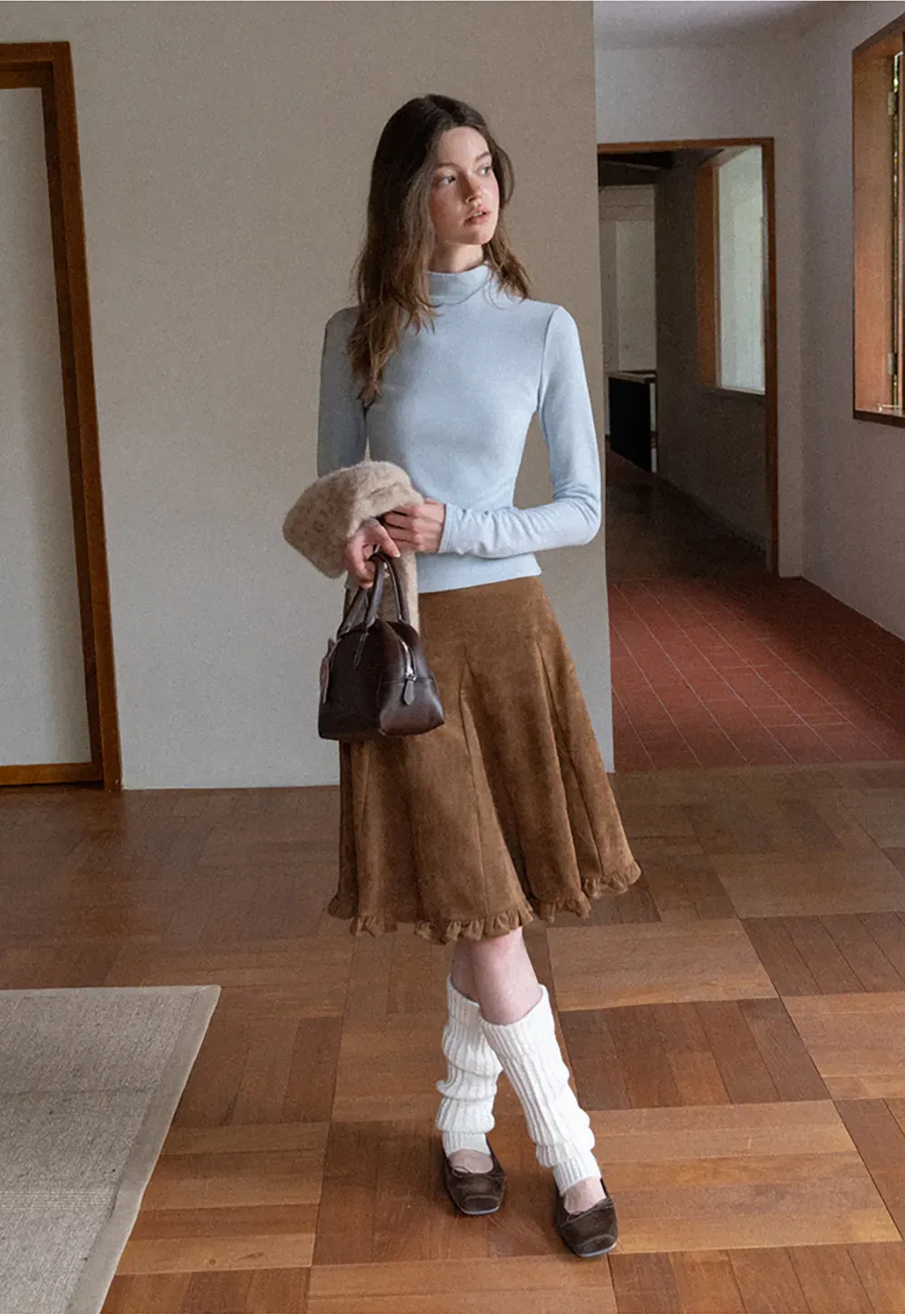 Ruffled Hem Suede A-Line Skirt