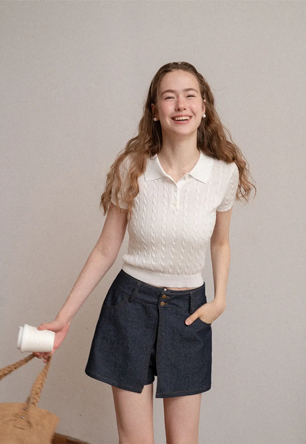 Polo Collar Ribbed Knit Short Sleeve Sweater