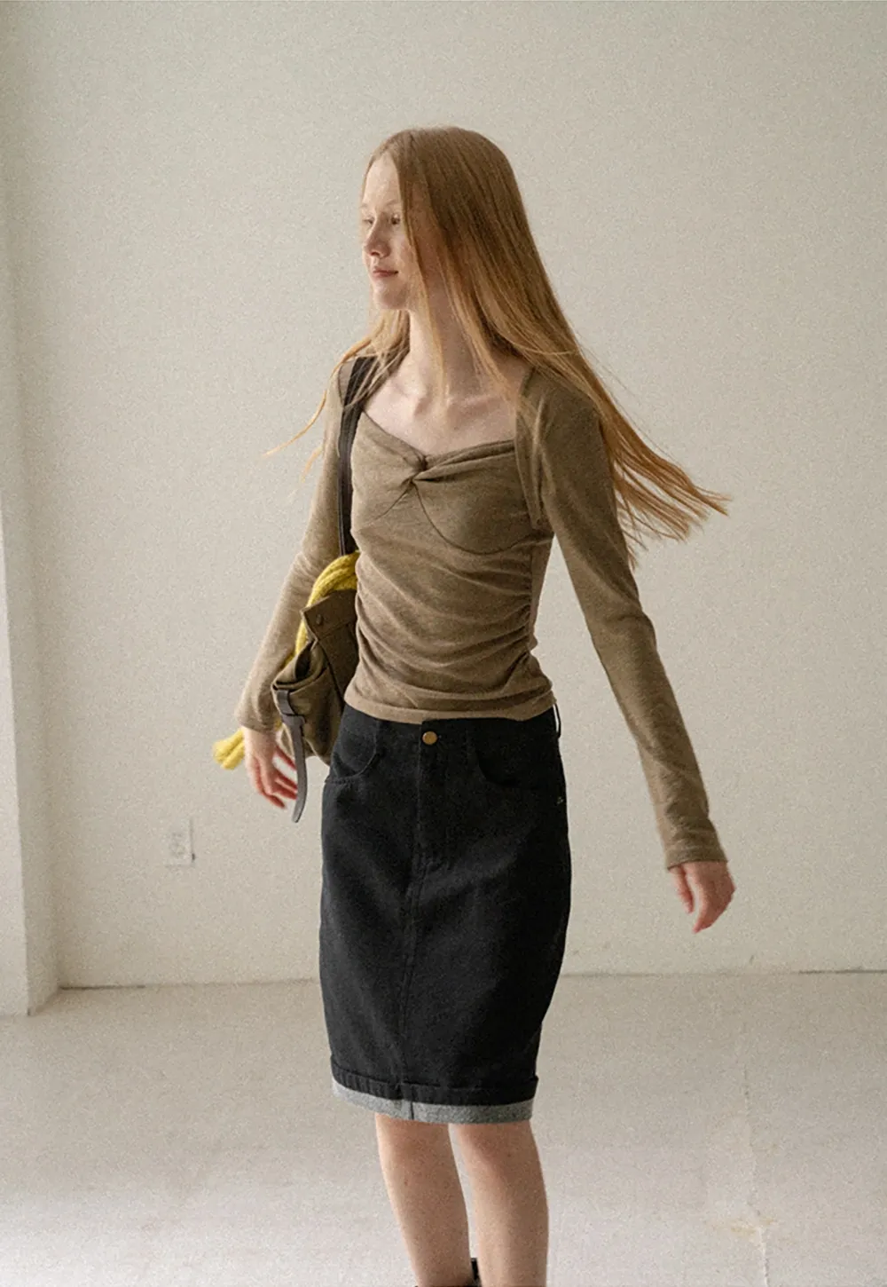 Rolled Hem Denim A-Line Skirt