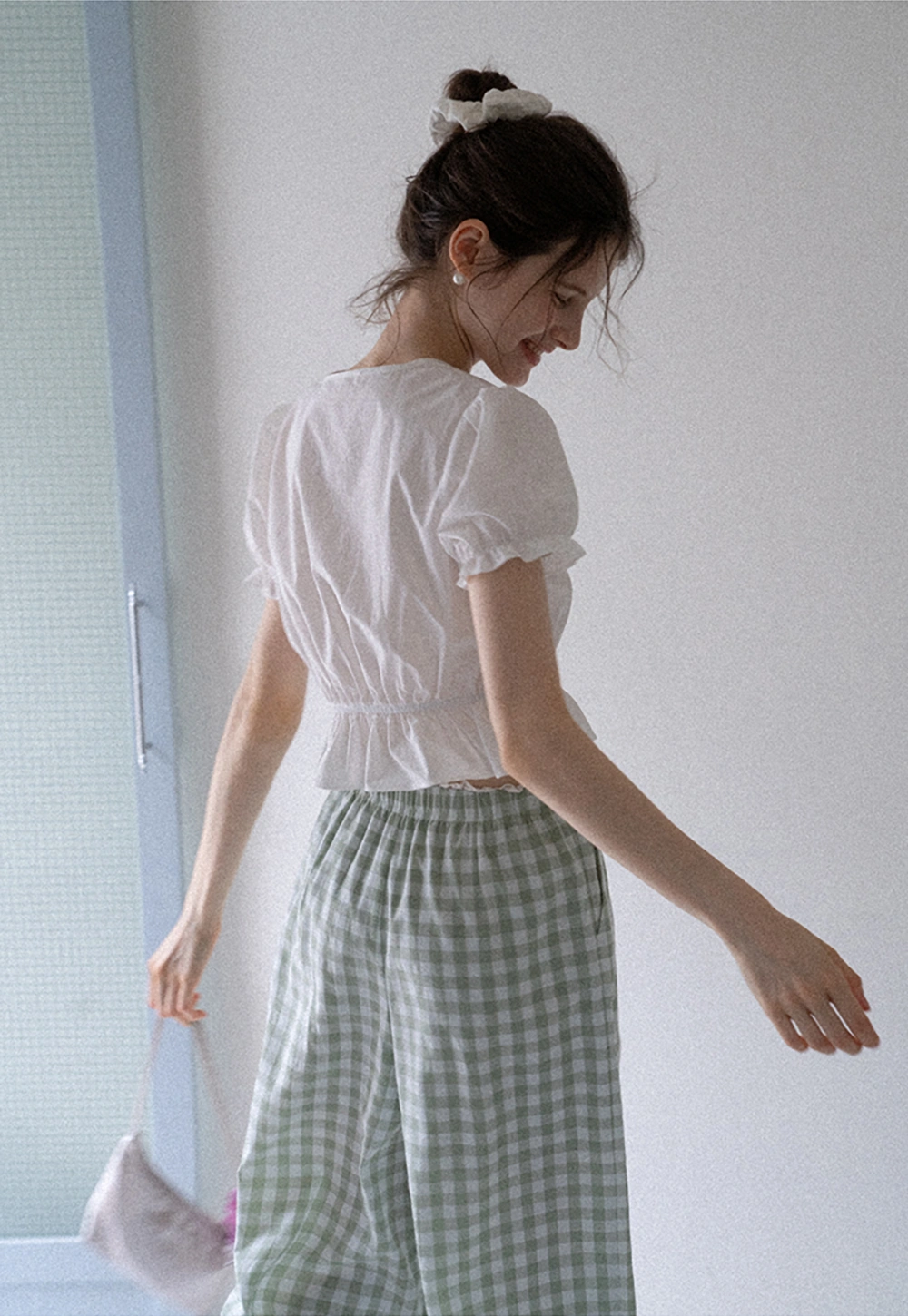 Women's Short Sleeve Peplum Blouse with Bow Tie