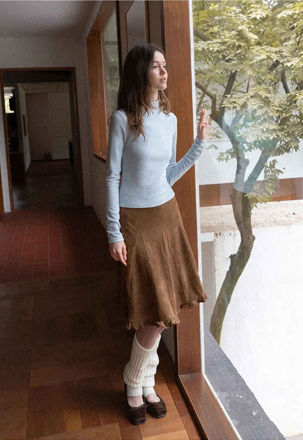 Ruffled Hem Suede A-Line Skirt