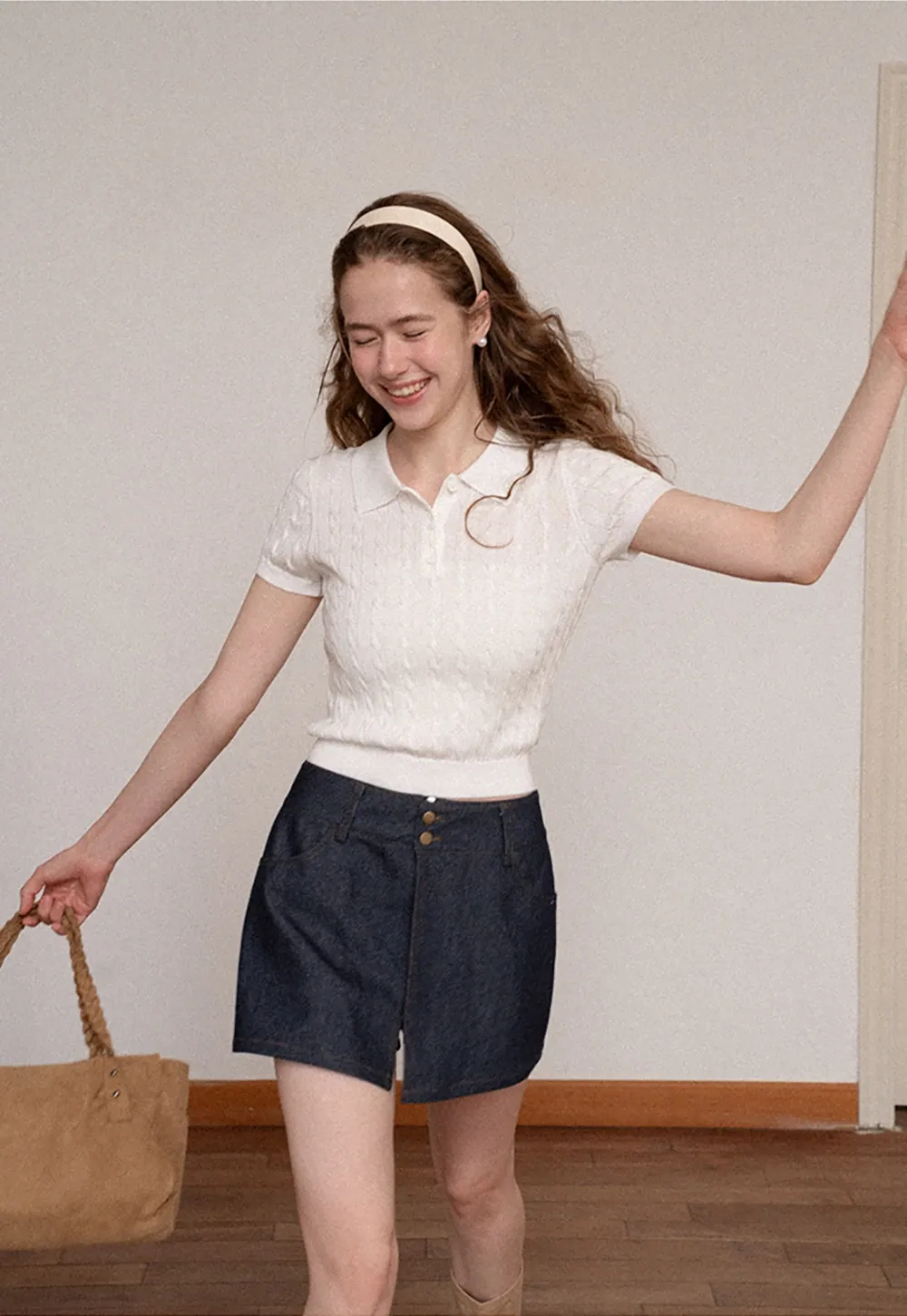 Polo Collar Ribbed Knit Short Sleeve Sweater