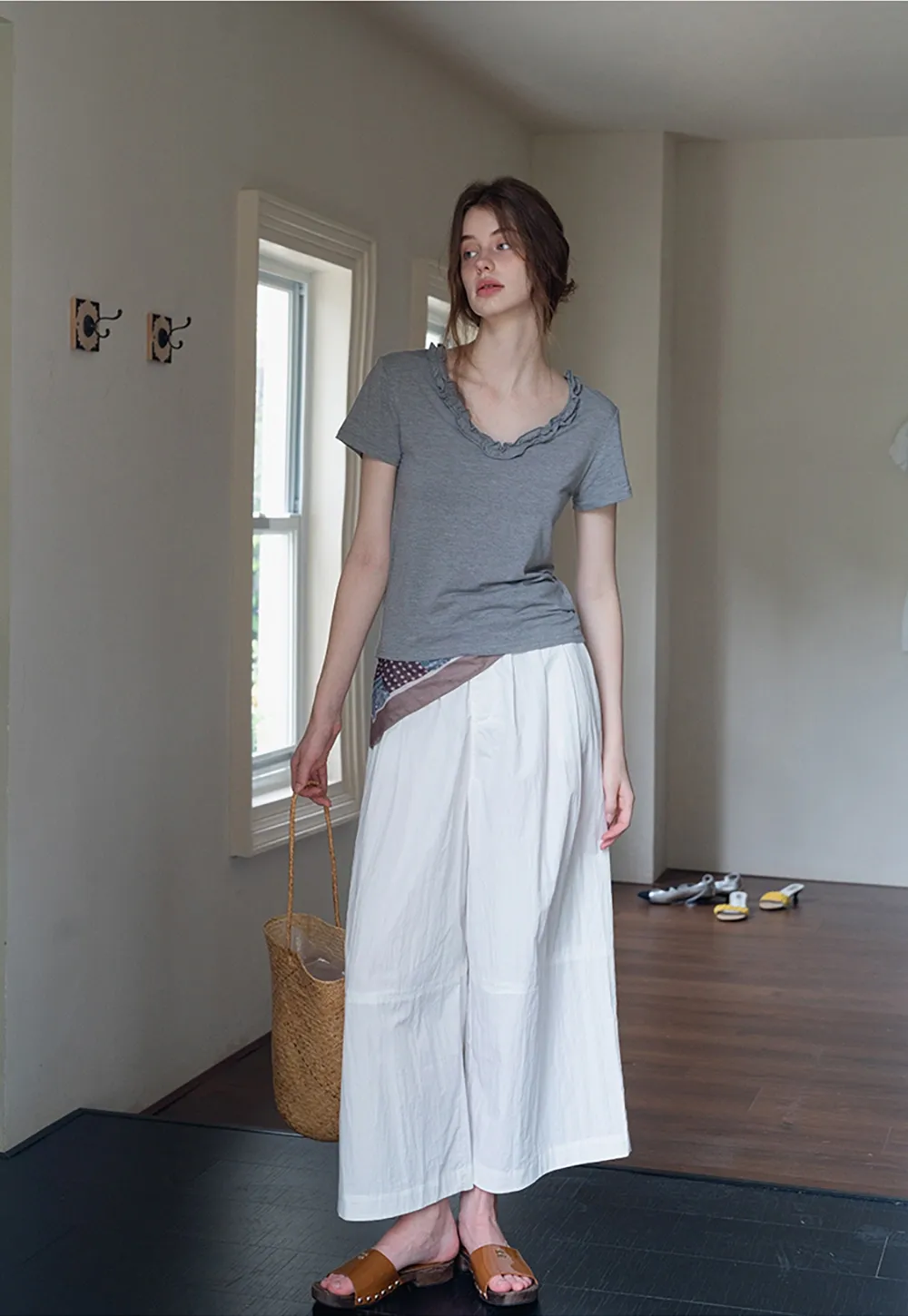 Ruffle Trim V-Neck T-Shirt