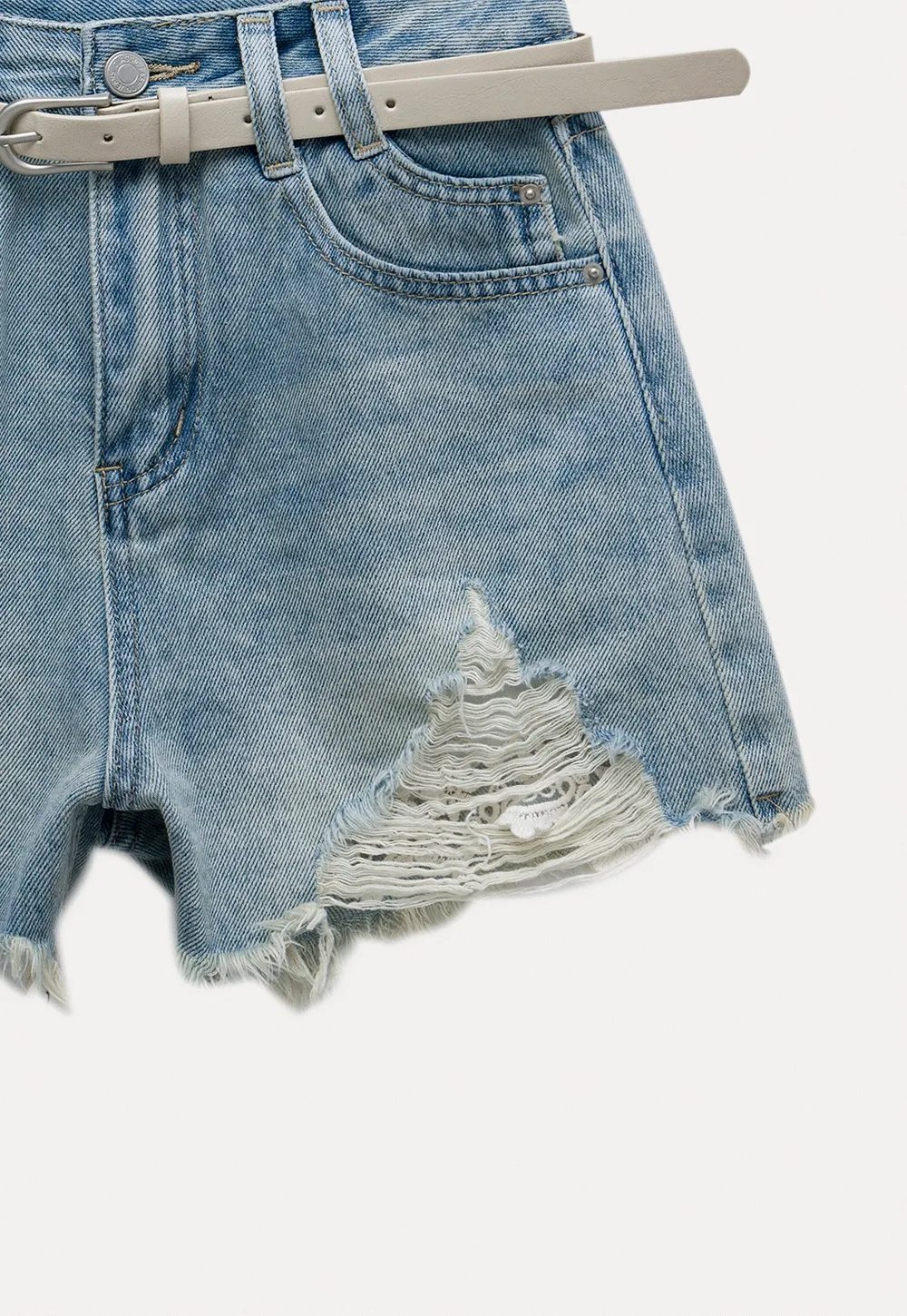 Women’s High‑Waist Ripped Lace Denim Shorts