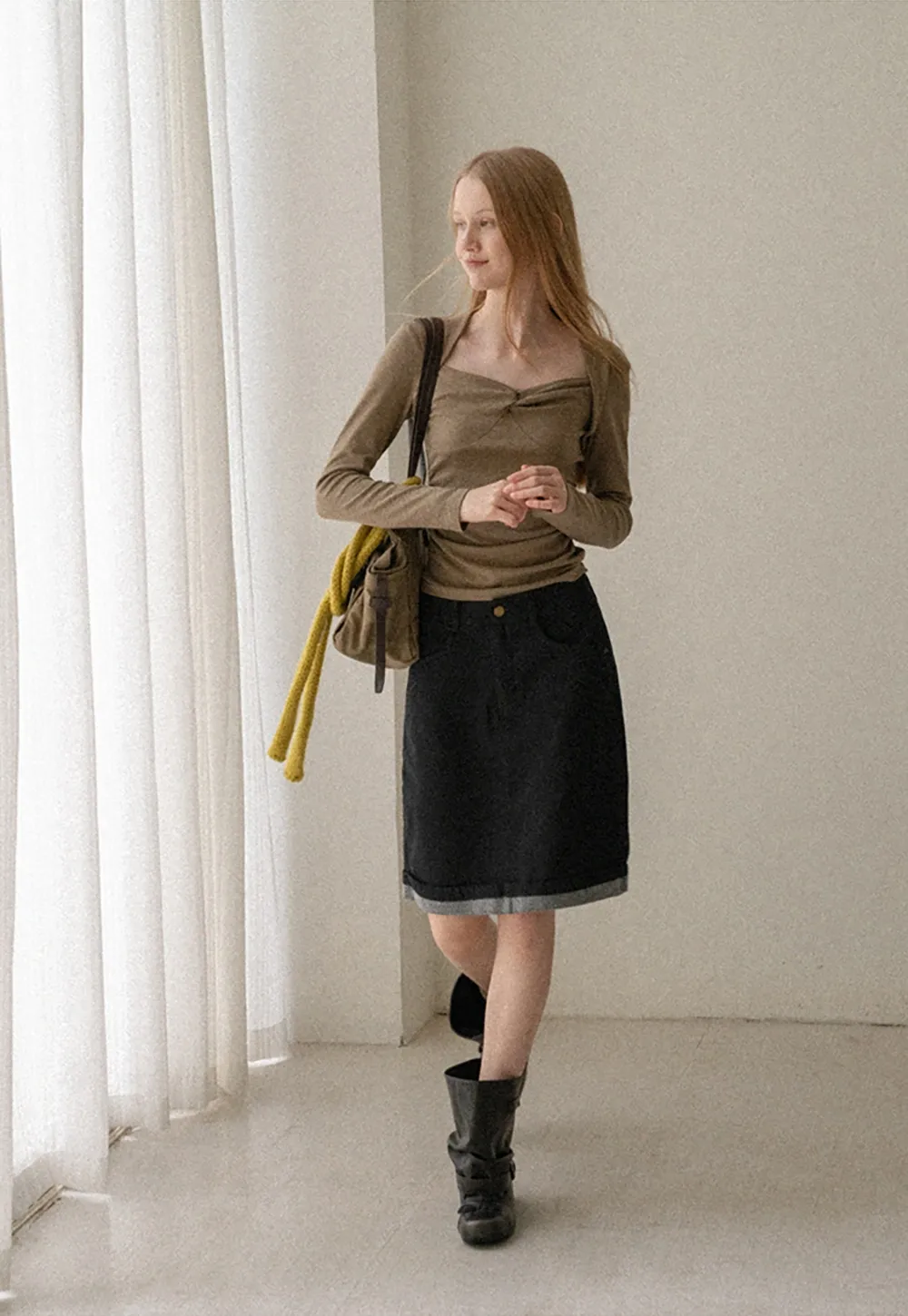 Rolled Hem Denim A-Line Skirt