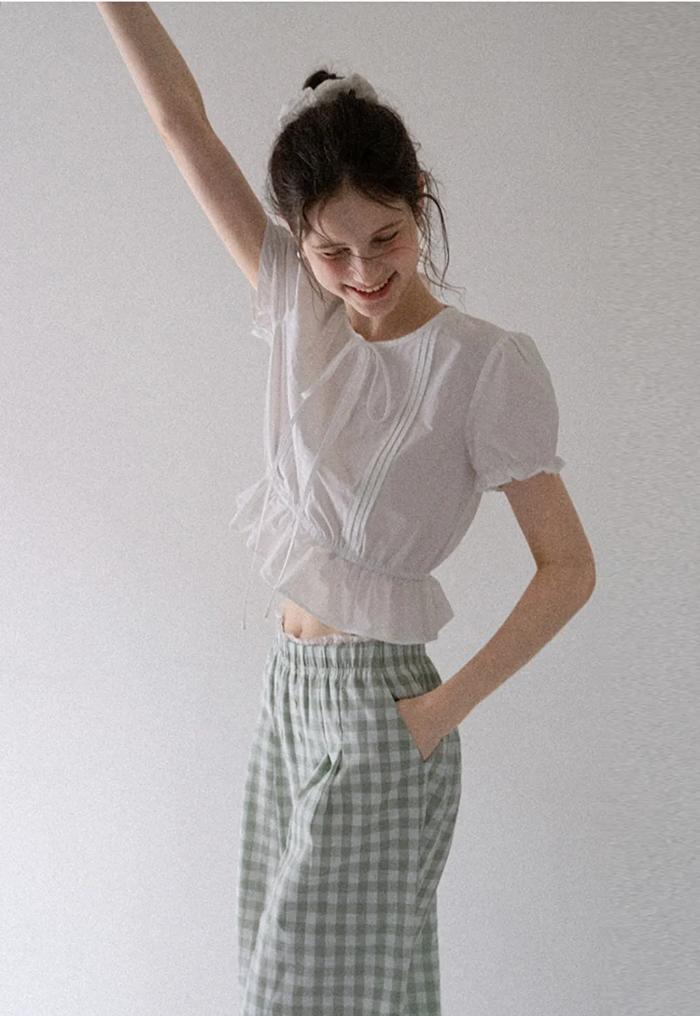 Women's Short Sleeve Peplum Blouse with Bow Tie