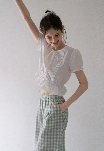 Women's Short Sleeve Peplum Blouse with Bow Tie