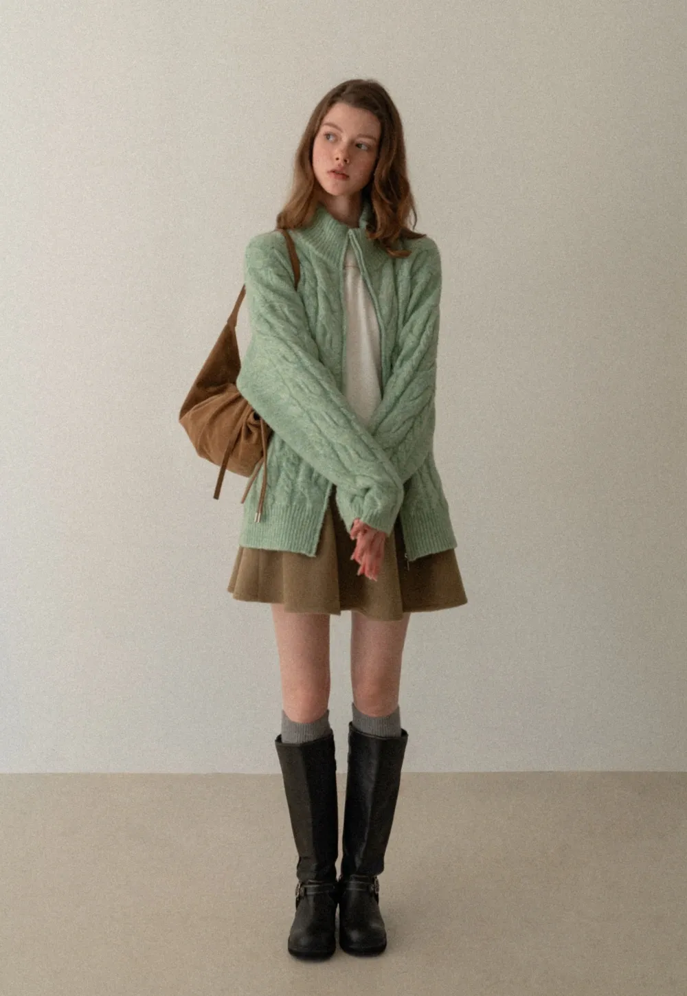 Women Cozy Cable Knit Cardigan with Zipper