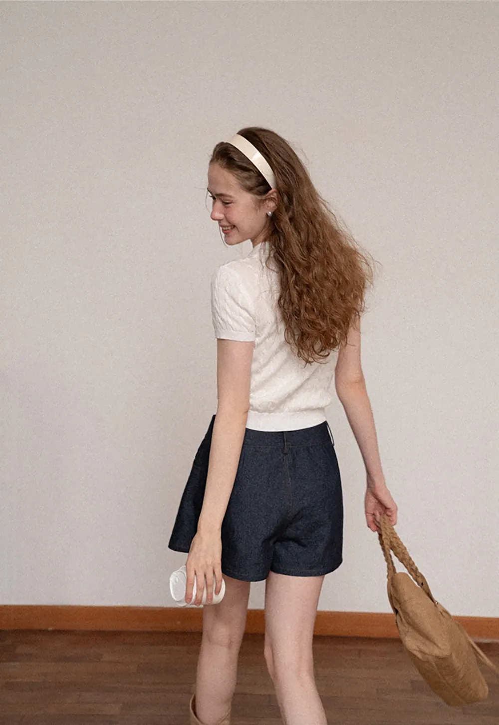Polo Collar Ribbed Knit Short Sleeve Sweater