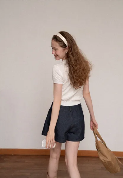 Polo Collar Ribbed Knit Short Sleeve Sweater