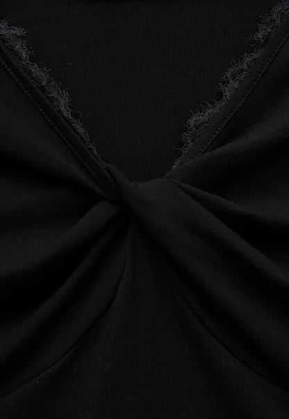 Women's Ruched V-Neck Lace Trim Fitted T-Shirt