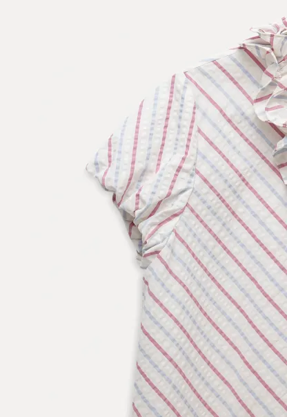 Women’s Ruffle Trim Striped Short Sleeve Blouse