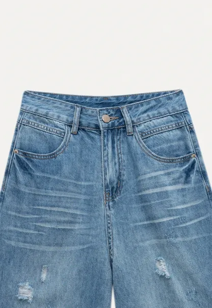 Women’s Distressed Wide-Leg Denim Bermuda Shorts