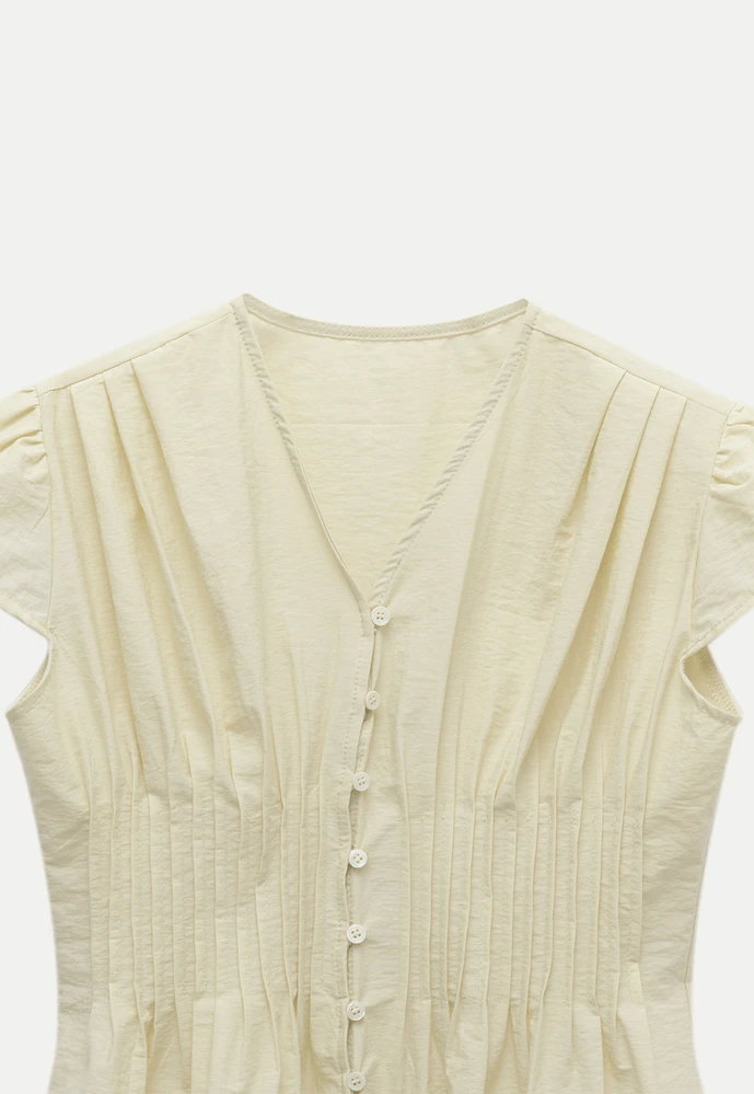 Women’s Pleated V-Neck Button Peplum Blouse